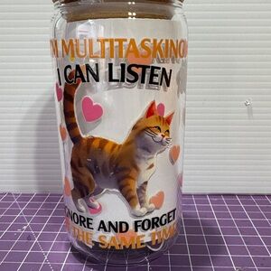 Glass Tumbler with Bamboo lid and Glass Straw -Multitask Cat & Disturbed